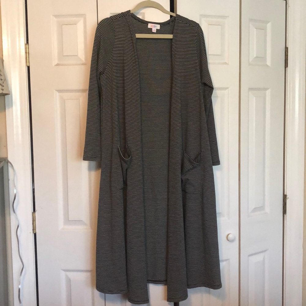 LuLaRoe long black and grey striped cardigan